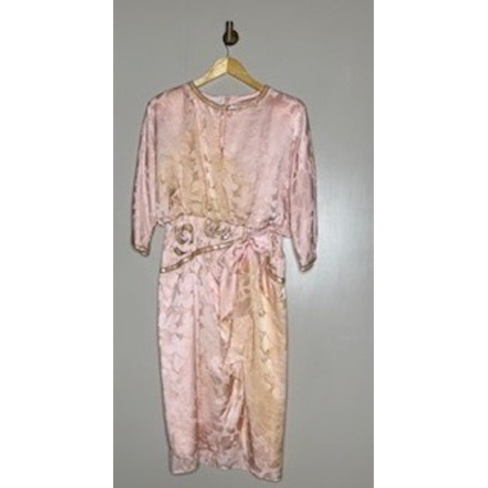 Vintage Lauren Alexandra Silk Beaded Sequin‎ Pink Floral Jacquard Dress Size 12